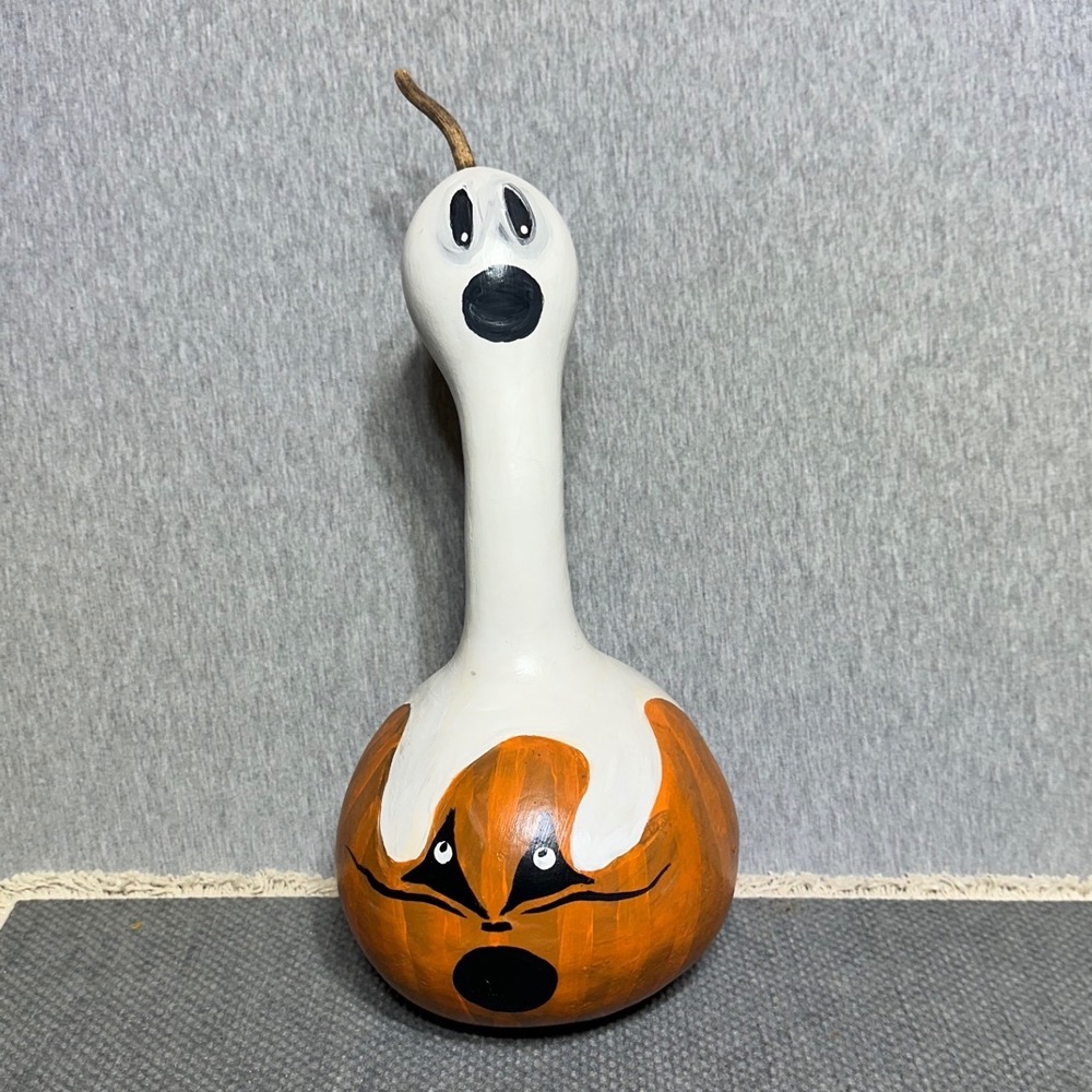 Hand Painted Halloween Ghost Pumpkin Gourd Folk Art Holiday Decor 13.5 Inch